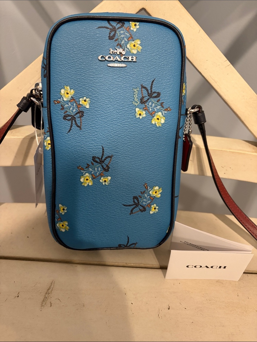 COACH North/South Floral Print Crossbody Zip Phone Bag in Blue